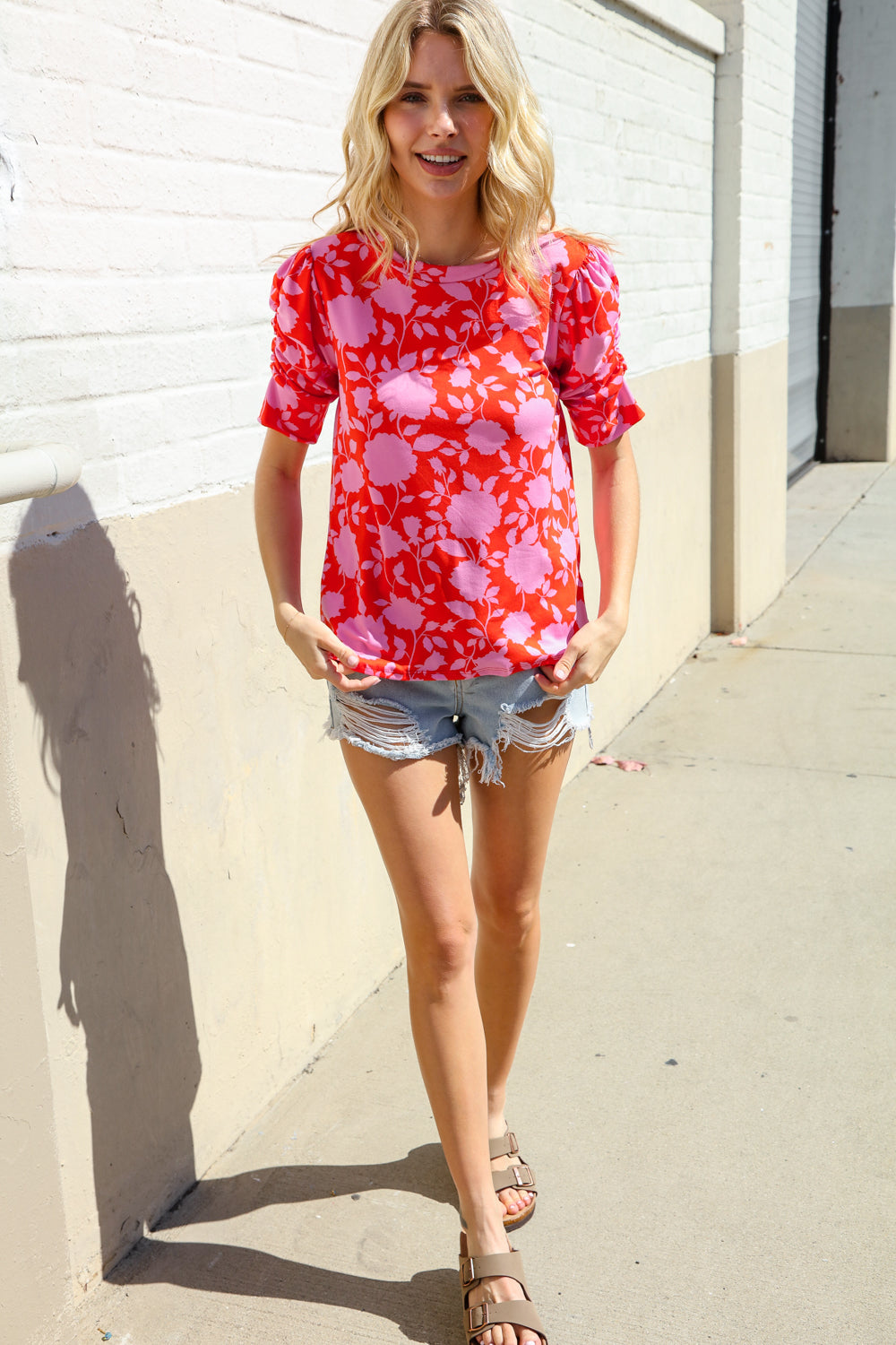 Haptics Red & Pink Floral Shirred Short Sleeve Knit Top