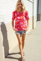 Haptics Red & Pink Floral Shirred Short Sleeve Knit Top