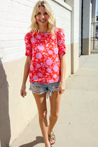 Haptics Red & Pink Floral Shirred Short Sleeve Knit Top