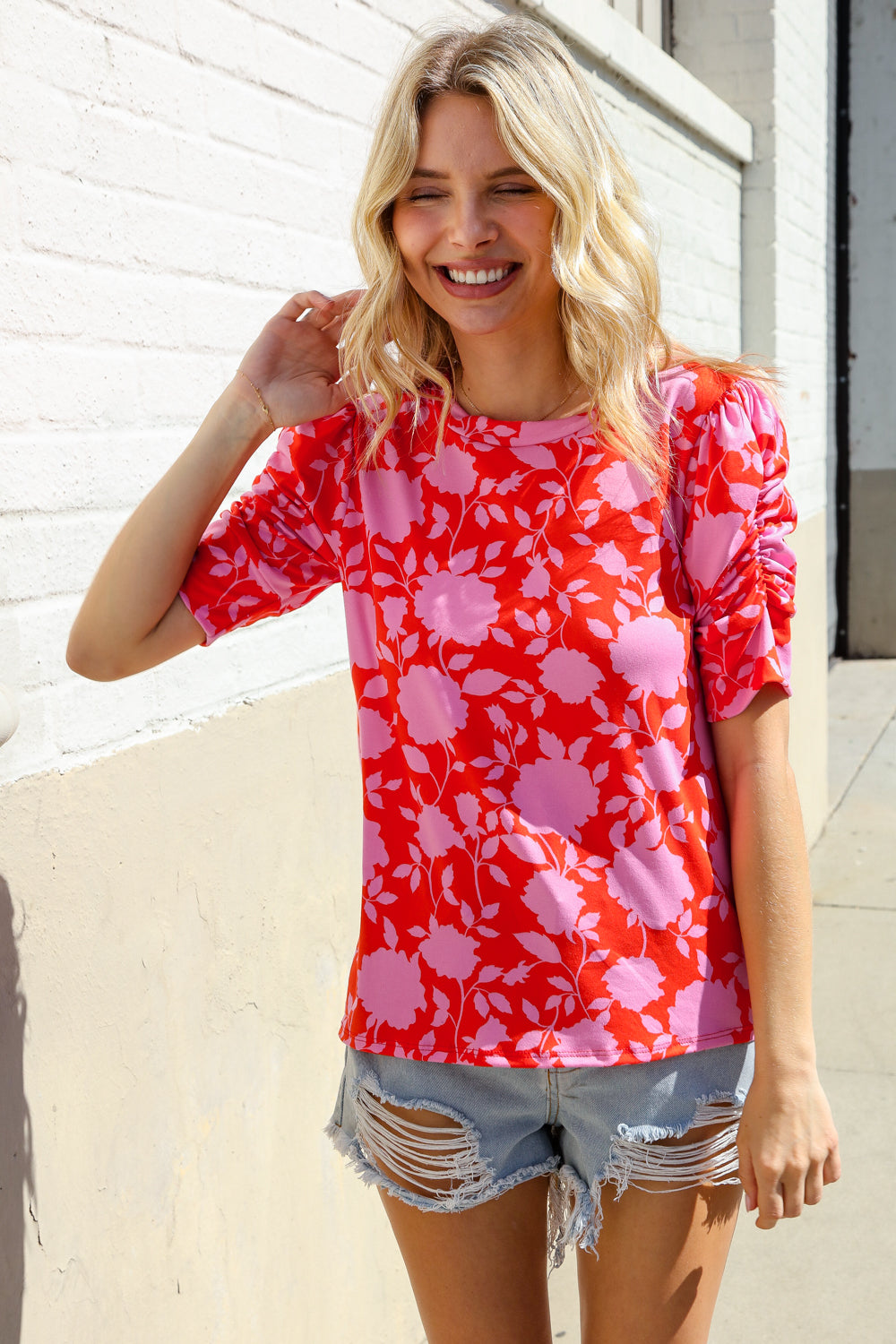 Haptics Red & Pink Floral Shirred Short Sleeve Knit Top