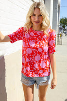 Haptics Red & Pink Floral Shirred Short Sleeve Knit Top