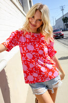 Haptics Red & Pink Floral Shirred Short Sleeve Knit Top