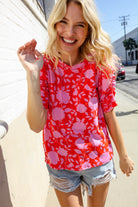 Haptics Red & Pink Floral Shirred Short Sleeve Knit Top