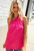 First Love Fuchsia Leopard Print One Shoulder Satin Top Large