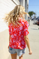 Haptics Red & Pink Floral Shirred Short Sleeve Knit Top