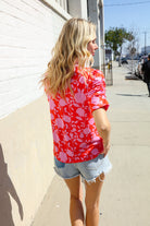 Haptics Red & Pink Floral Shirred Short Sleeve Knit Top