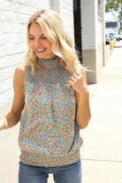 First Love Teal Smocked High Neck Animal Print Sleeveless Top