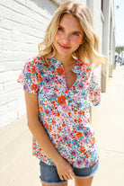 First Love Ivory Floral Print Notch Neck Puff Short Sleeve Top