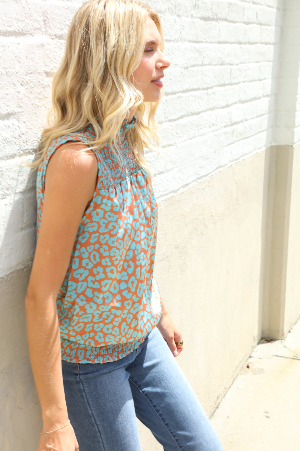 First Love Teal Smocked High Neck Animal Print Sleeveless Top