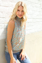 First Love Teal Smocked High Neck Animal Print Sleeveless Top