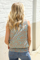 First Love Teal Smocked High Neck Animal Print Sleeveless Top