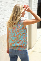 First Love Teal Smocked High Neck Animal Print Sleeveless Top