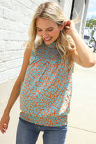 First Love Teal Smocked High Neck Animal Print Sleeveless Top