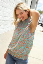 First Love Teal Smocked High Neck Animal Print Sleeveless Top