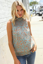 First Love Teal Smocked High Neck Animal Print Sleeveless Top
