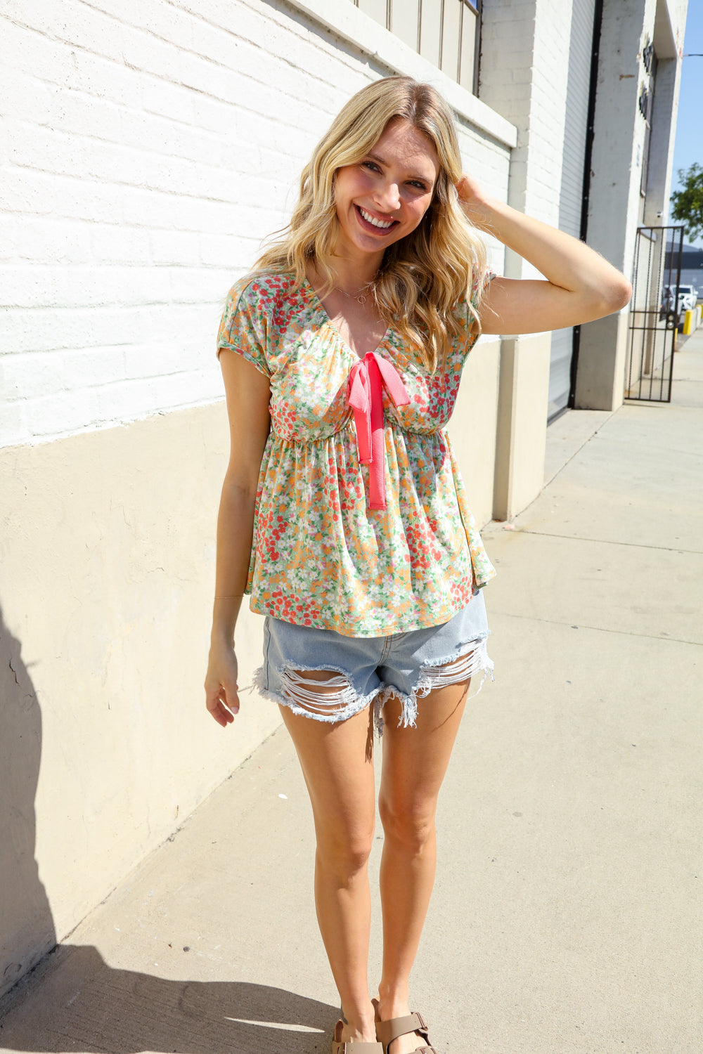Haptics Be Charming Sage Floral Print Elastic Neck Ribbon Bow Tie Top