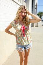 Haptics Be Charming Sage Floral Print Elastic Neck Ribbon Bow Tie Top