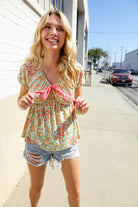 Haptics Be Charming Sage Floral Print Elastic Neck Ribbon Bow Tie Top