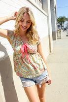 Haptics Be Charming Sage Floral Print Elastic Neck Ribbon Bow Tie Top