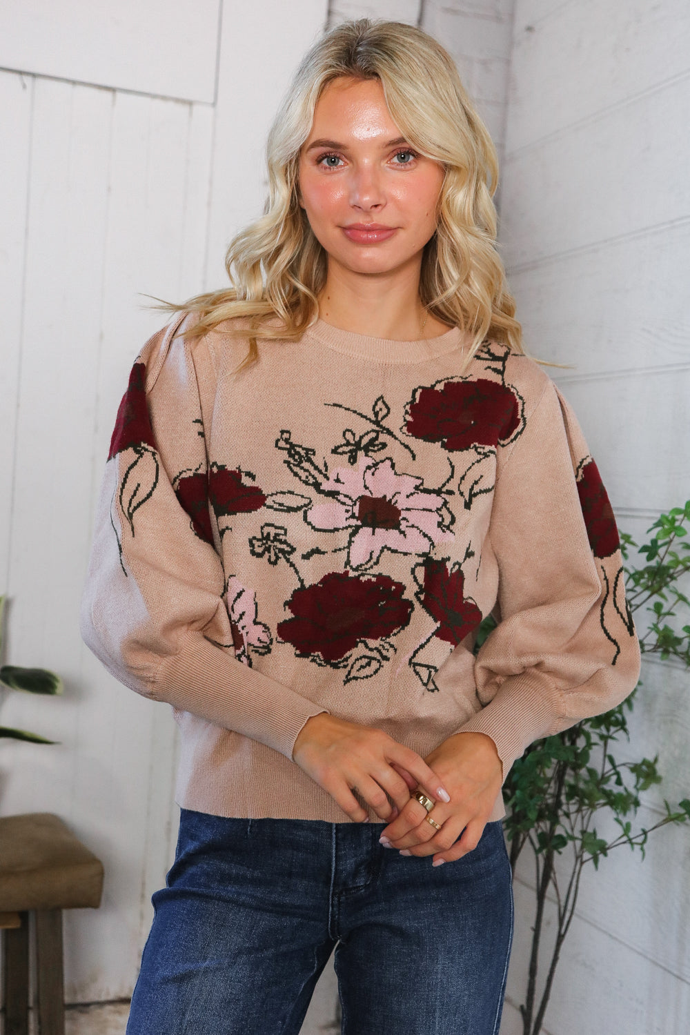 Haptics Scarlet Petals Bubble Sleeve Sweater