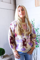 And The Why Cozy Taupe Multi Print Design Sweater