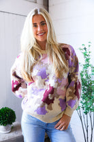 And The Why Cozy Taupe Multi Print Design Sweater