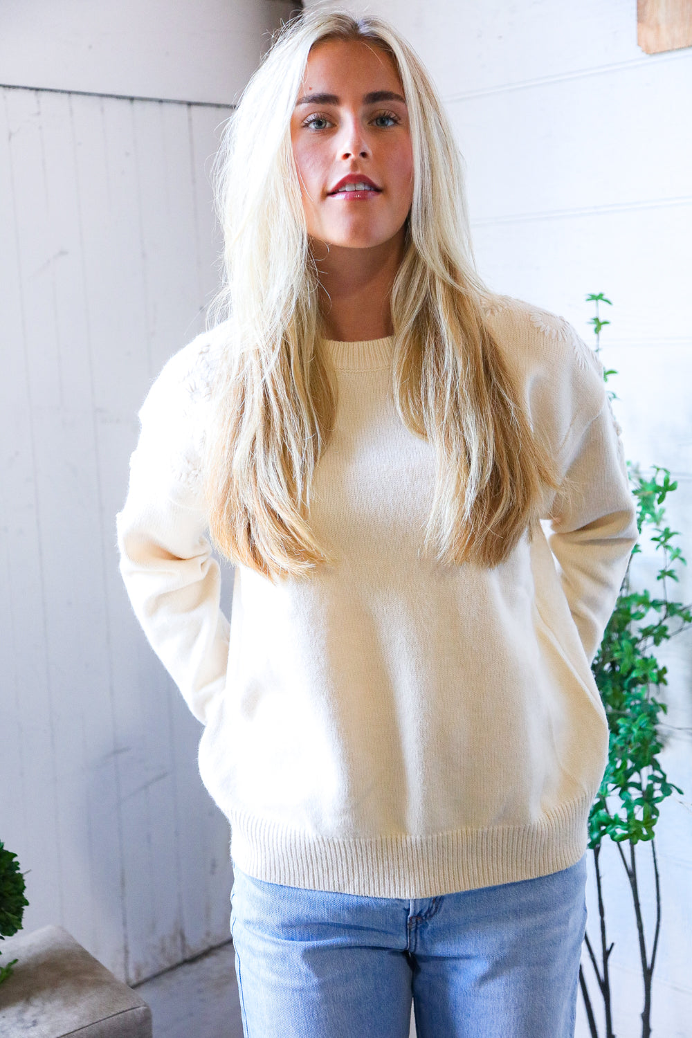And The Why Mellow Musings Taupe Embroidered Sweater