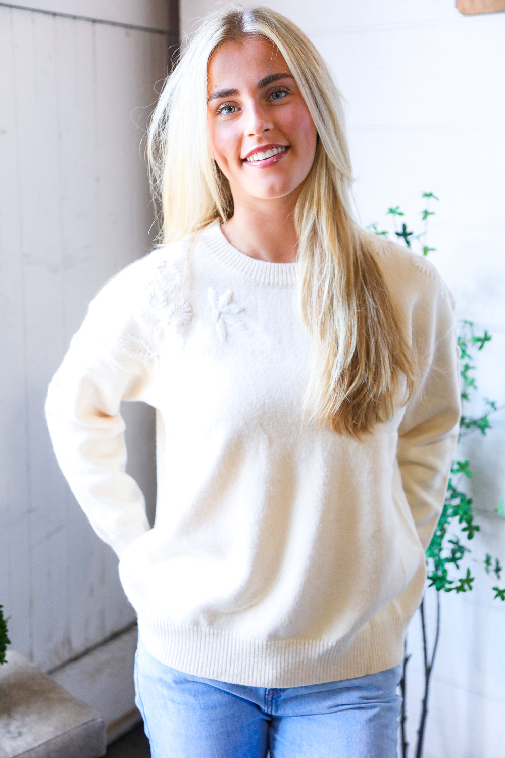 And The Why Mellow Musings Taupe Embroidered Sweater