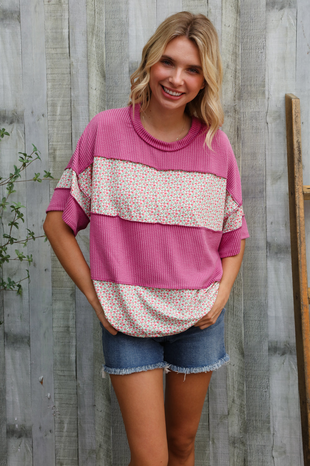 Haptics Fuchsia Floral Wavy Rib Outseam Stitch Pullover