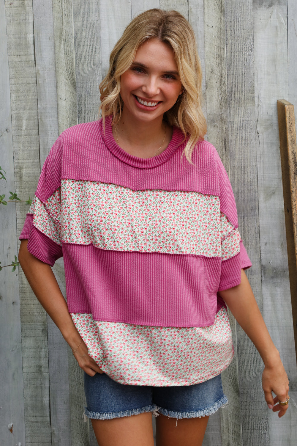 Haptics Fuchsia Floral Wavy Rib Outseam Stitch Pullover