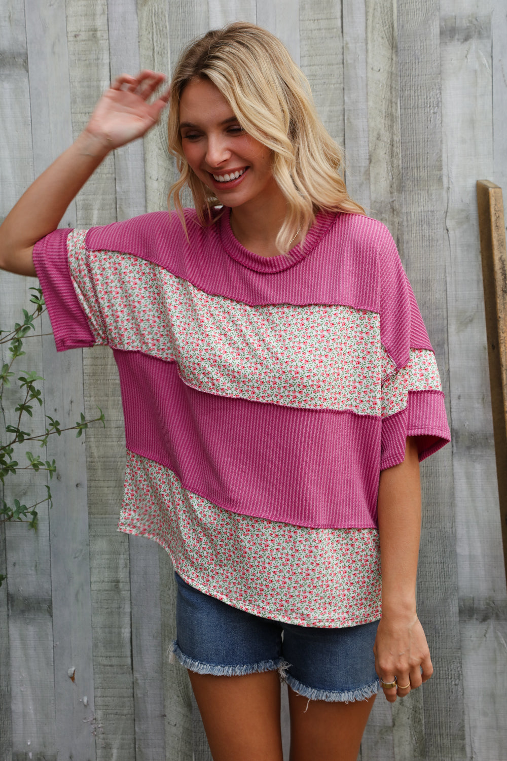 Haptics Fuchsia Floral Wavy Rib Outseam Stitch Pullover