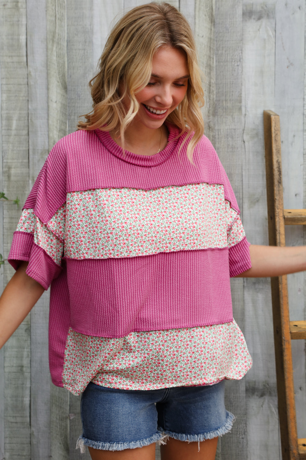 Haptics Fuchsia Floral Wavy Rib Outseam Stitch Pullover