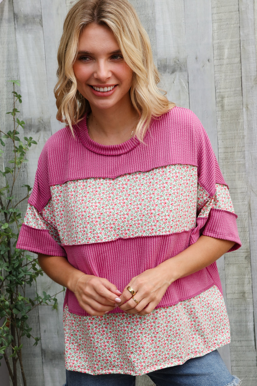 Haptics Fuchsia Floral Wavy Rib Outseam Stitch Pullover