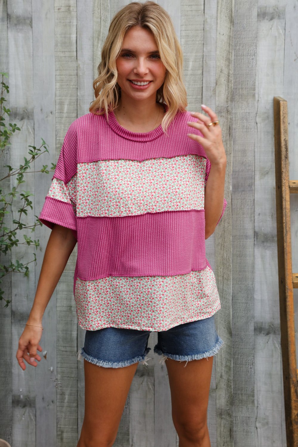 Haptics Fuchsia Floral Wavy Rib Outseam Stitch Pullover