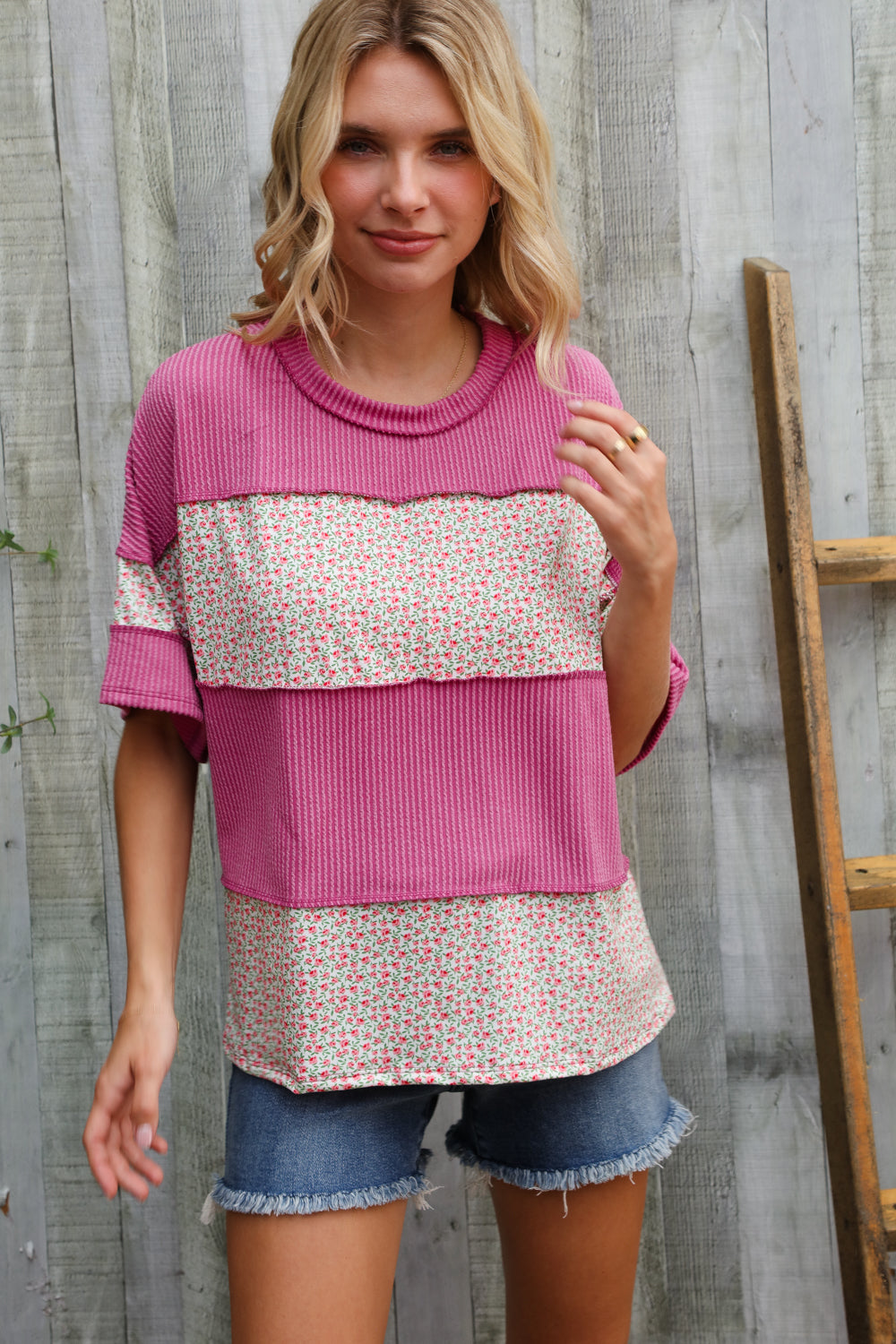 Haptics Fuchsia Floral Wavy Rib Outseam Stitch Pullover