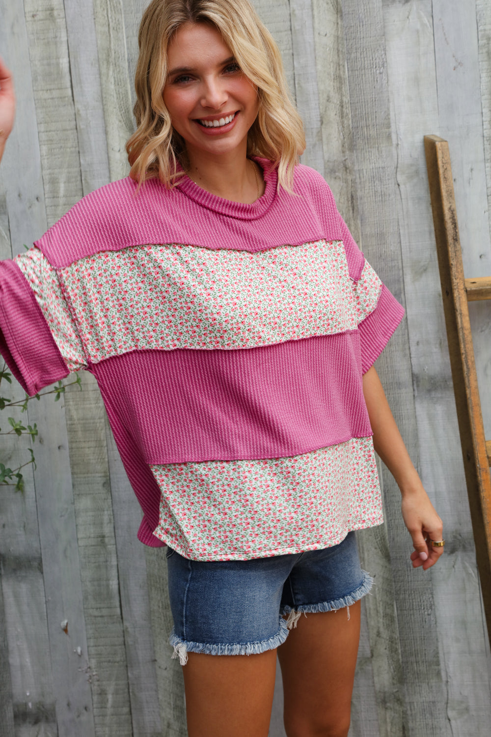 Haptics Fuchsia Floral Wavy Rib Outseam Stitch Pullover