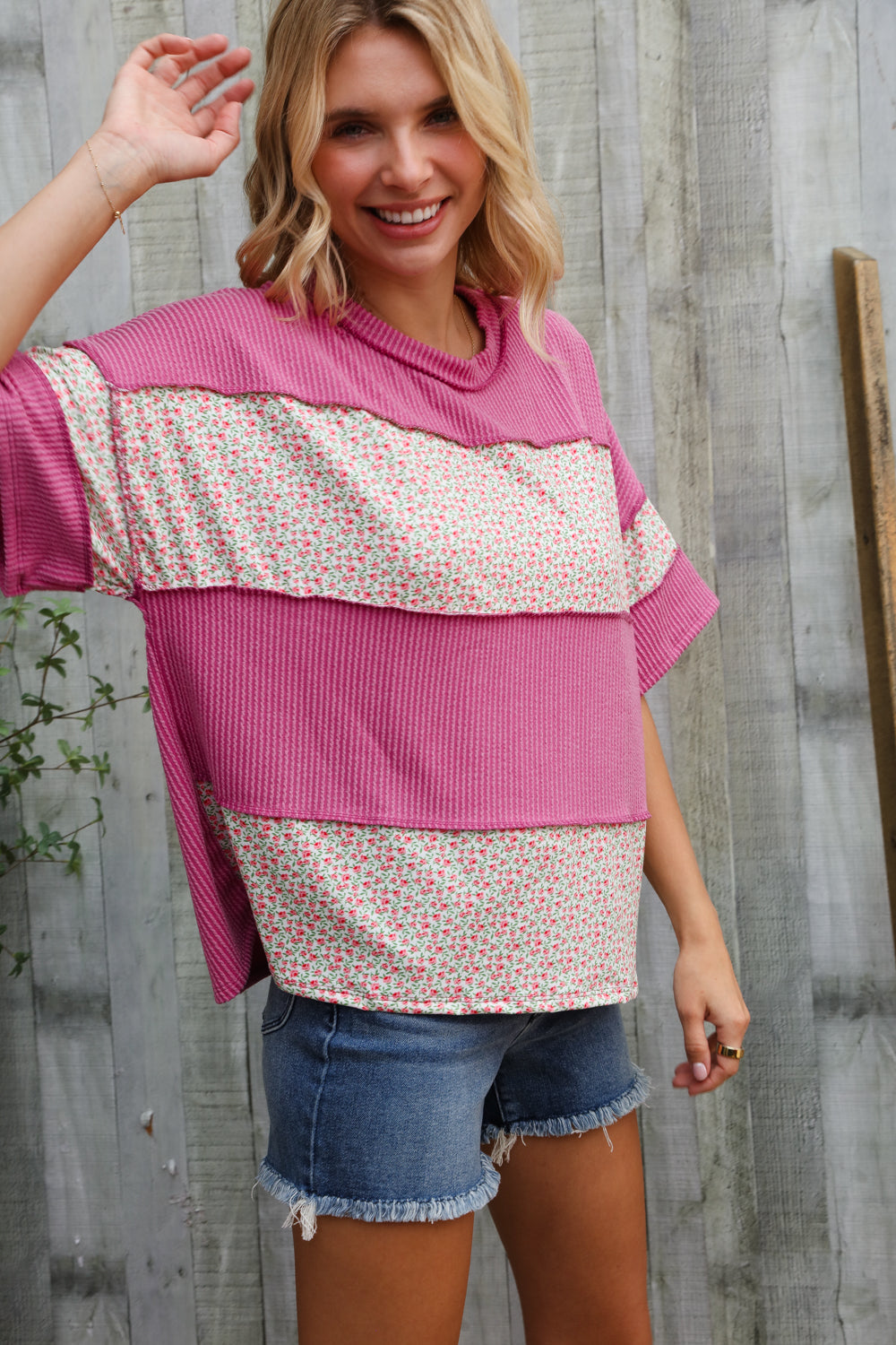 Haptics Fuchsia Floral Wavy Rib Outseam Stitch Pullover
