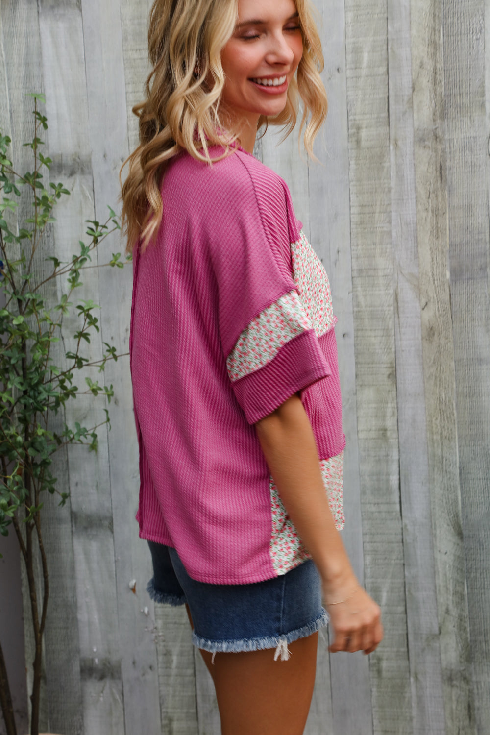 Haptics Fuchsia Floral Wavy Rib Outseam Stitch Pullover