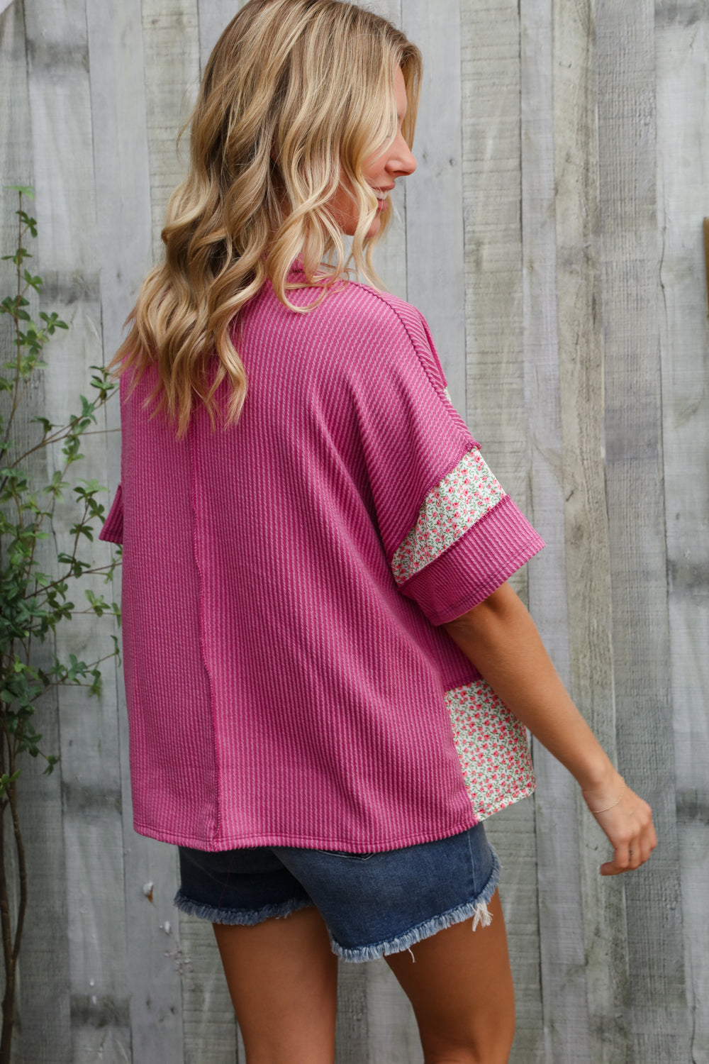 Haptics Fuchsia Floral Wavy Rib Outseam Stitch Pullover