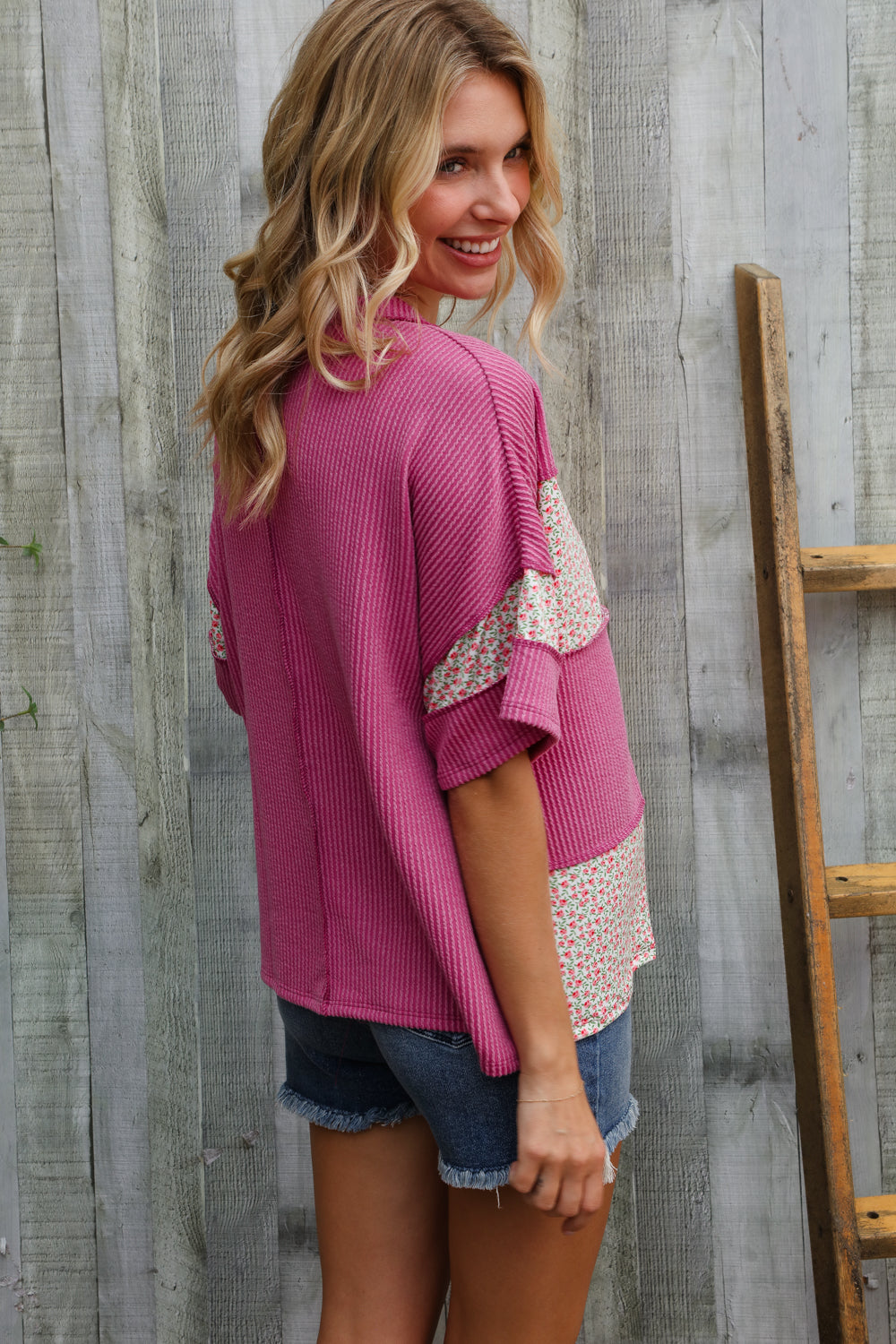 Haptics Fuchsia Floral Wavy Rib Outseam Stitch Pullover