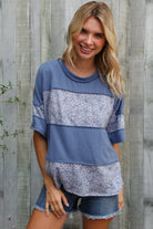 Haptics Denim Floral Wavy Rib Outseam Stitch Pullover