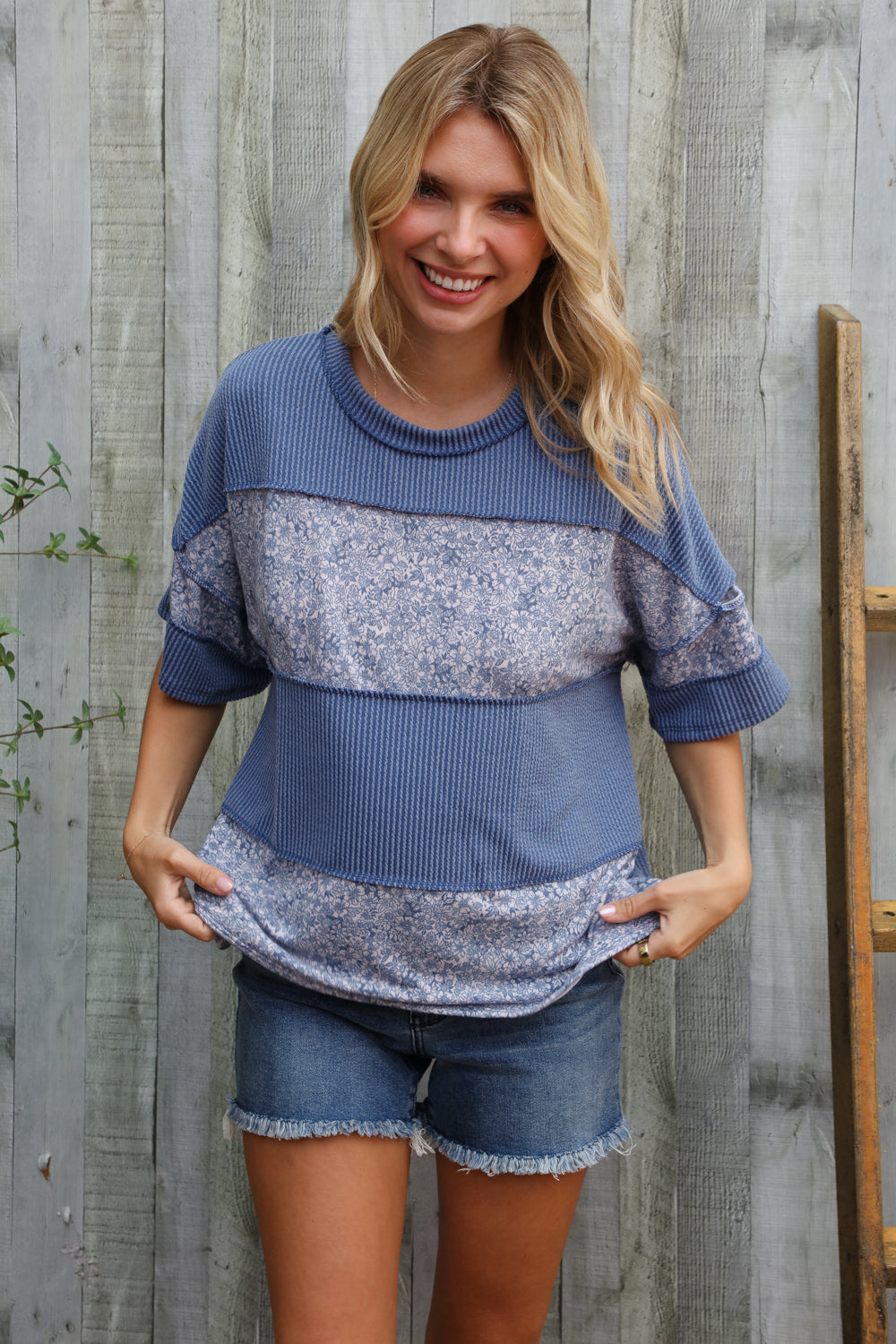 Haptics Denim Floral Wavy Rib Outseam Stitch Pullover
