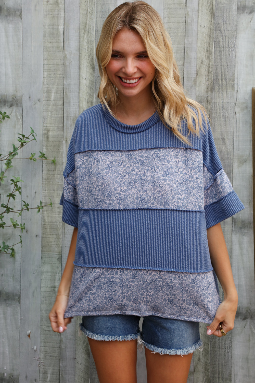 Haptics Denim Floral Wavy Rib Outseam Stitch Pullover