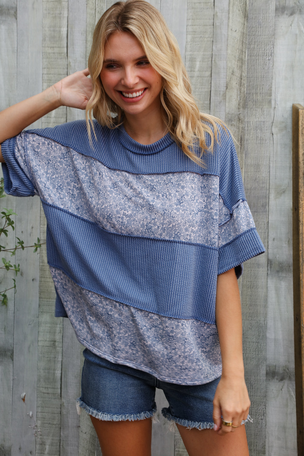 Haptics Denim Floral Wavy Rib Outseam Stitch Pullover