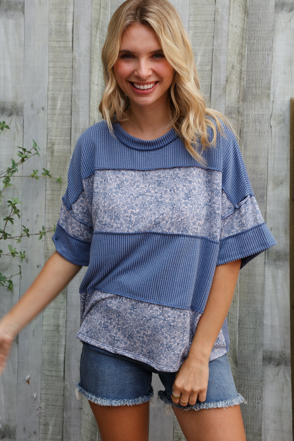 Haptics Denim Floral Wavy Rib Outseam Stitch Pullover