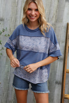 Haptics Denim Floral Wavy Rib Outseam Stitch Pullover