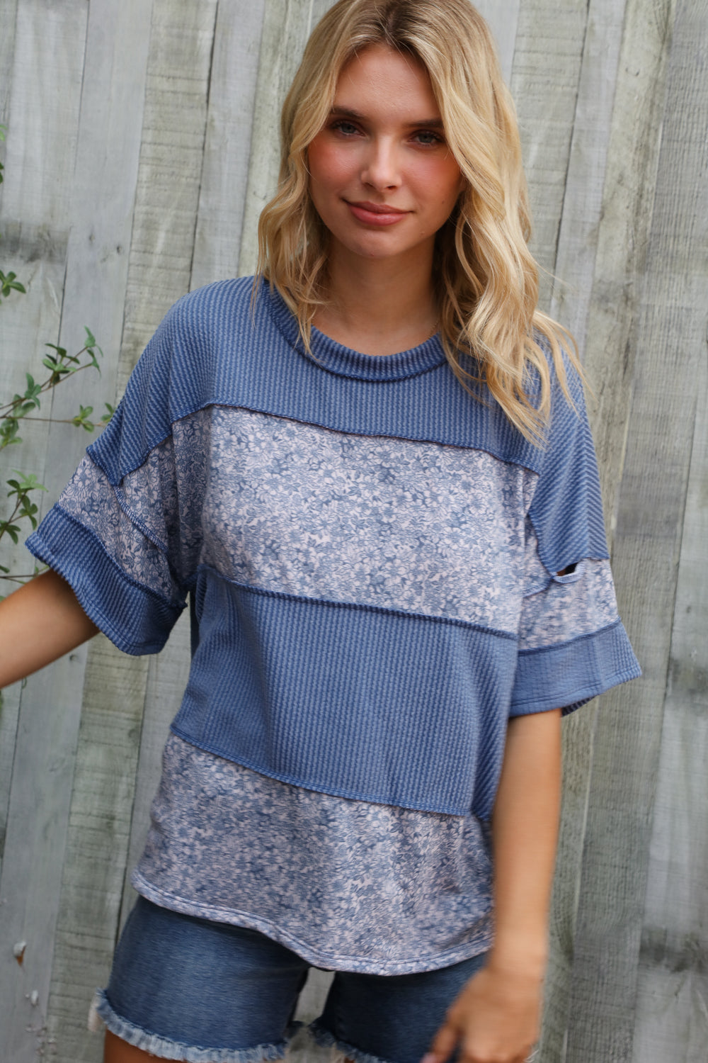 Haptics Denim Floral Wavy Rib Outseam Stitch Pullover