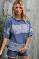 Haptics Denim Floral Wavy Rib Outseam Stitch Pullover