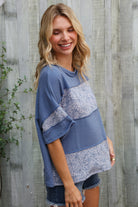 Haptics Denim Floral Wavy Rib Outseam Stitch Pullover