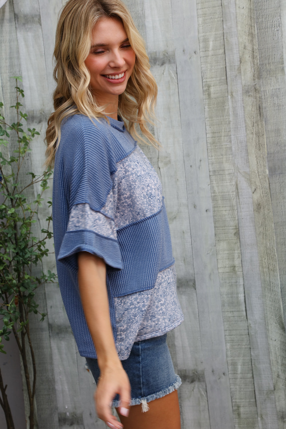 Haptics Denim Floral Wavy Rib Outseam Stitch Pullover